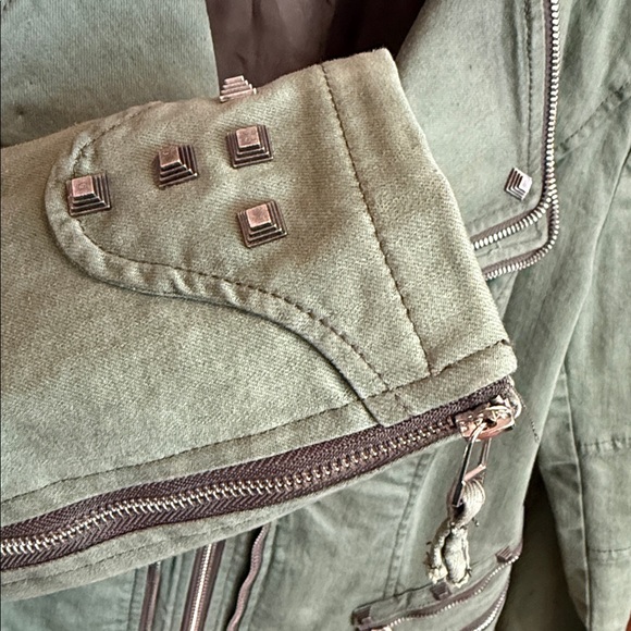 Army green military moto jacket grunge punk moto steampunk studs zippers est M/L - Picture 9 of 11